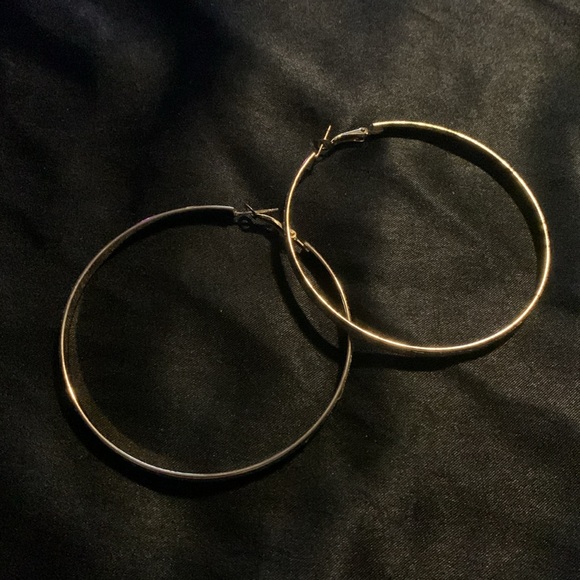 Gold Tone With Silver Shiny Center Hoop Earrings.      #011 - Picture 2 of 5